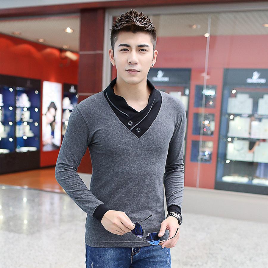 Модная тенденция Slim Fit с длинным рукавом футболка мужская лоскутный воротник футболка V-образный вырез мужская футболка хлопковые футболки плюс размер 5XL