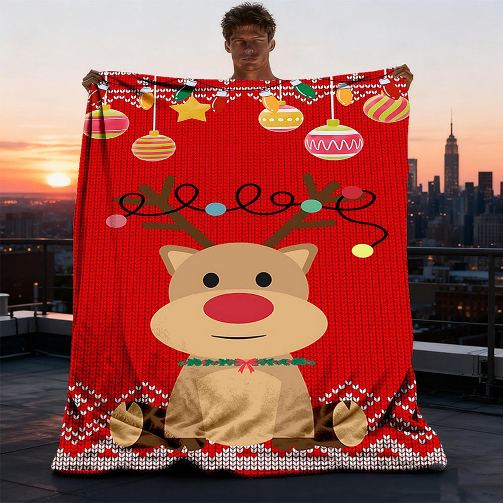 1pc Christmas Deer Outdoor Flannel Blanket, Cozy & Warm Soft Te Playful Design, Napping Camping,