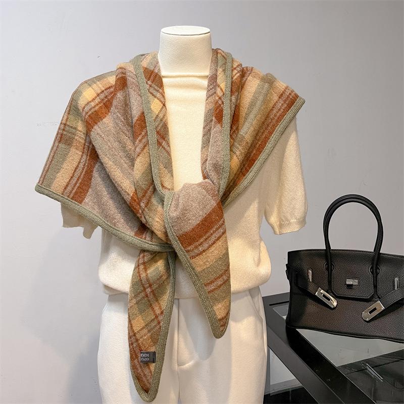 Autumn and Winter Double-sided Plaid 100 Wool Scarf Women's Style Sub-triangle Scarf Scarf Thickened Warm Shawl