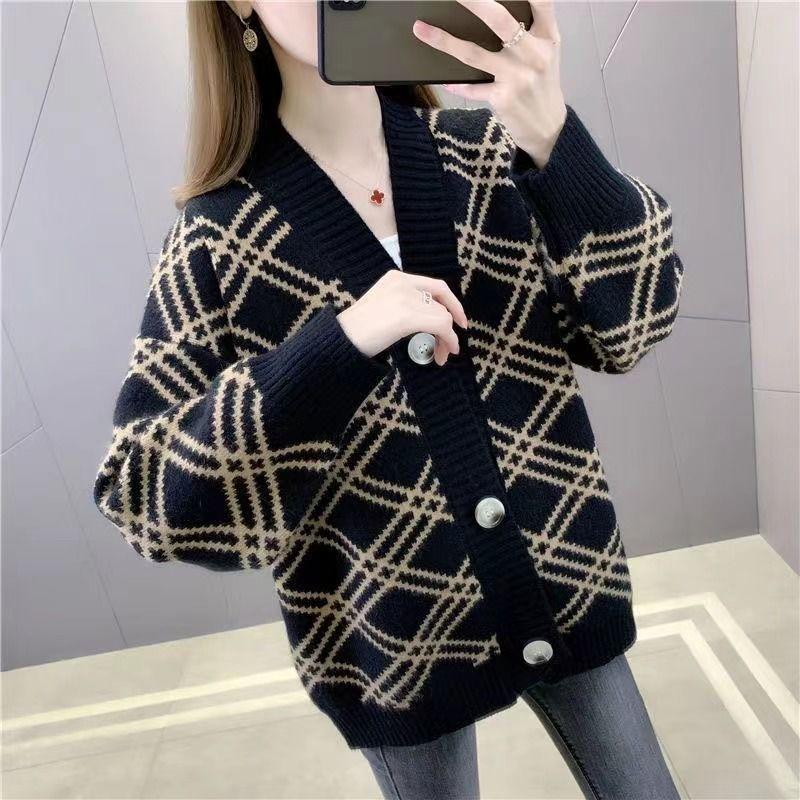 Ромбовидный контрастный вязаный кардиган, женский свитер, осень 2023, новый женский свитер, пальто, универсальный свободный свитер, кардиган, женский топ