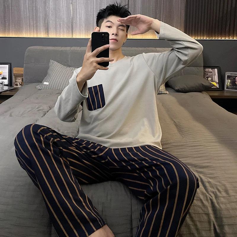 Осенний комплект из двух частей с длинными рукавами из хлопка, весенние длинные штаны, пижама для молодежи, мужская домашняя одежда, полосатая ночная рубашка для мальчика