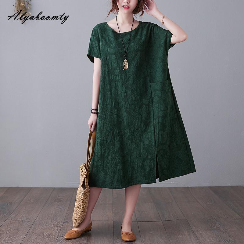Плюс Размер Лето Женское Однотонное Платье А-силуэта Короткое Платье С О-образным Вырезом Красное Темно-синее Черное Зеленое Платье С Разрезом Жаккардовое Хлопковое Свободное Платье С Карманом