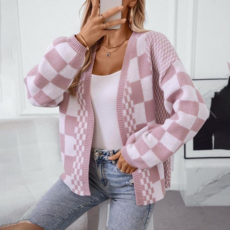 Vintage Print V Neck Loose Knitwear Cardigan Long Sleeve Sweater Top for Autumn Winter