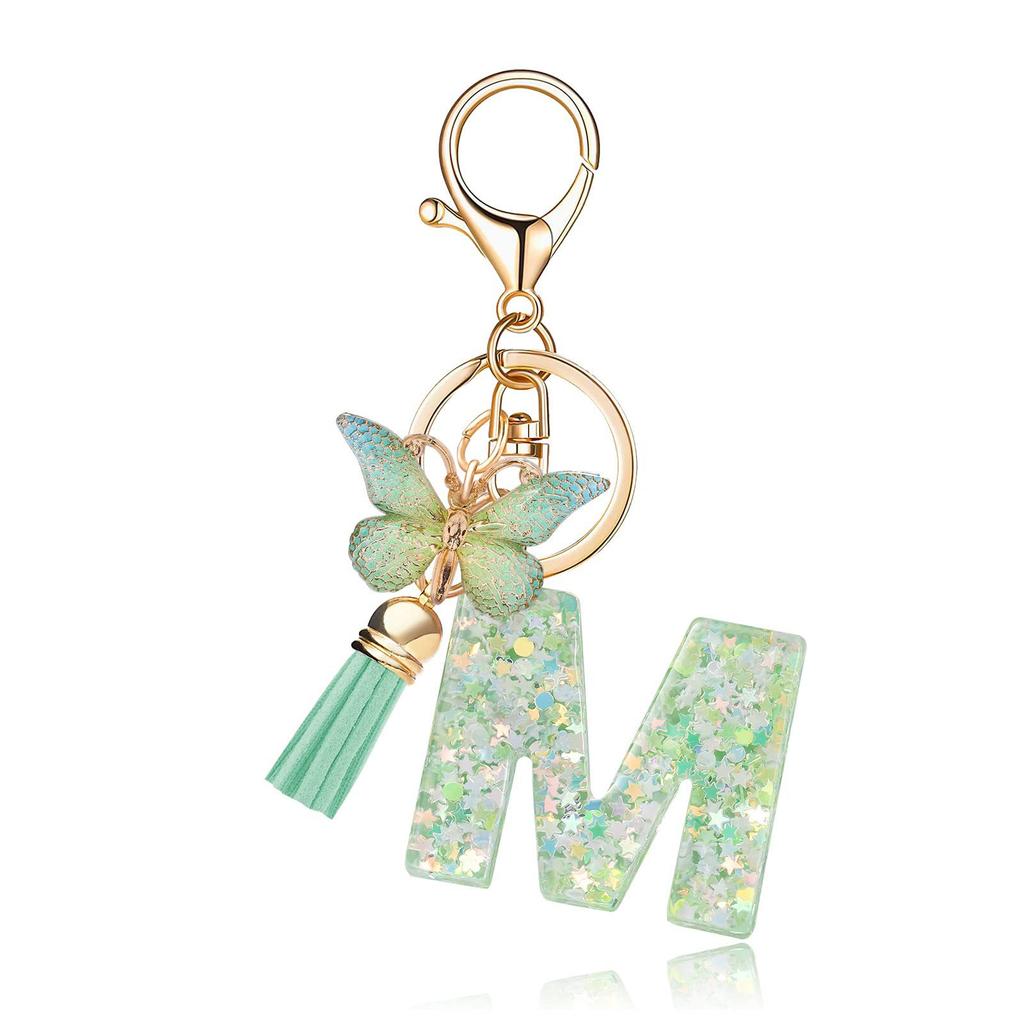 A-Z Dreamy Letters Keychain for Women Tassels Butterfly Pendant Initial Keyrings Purse Suspension Bags Car Key Chain Pink