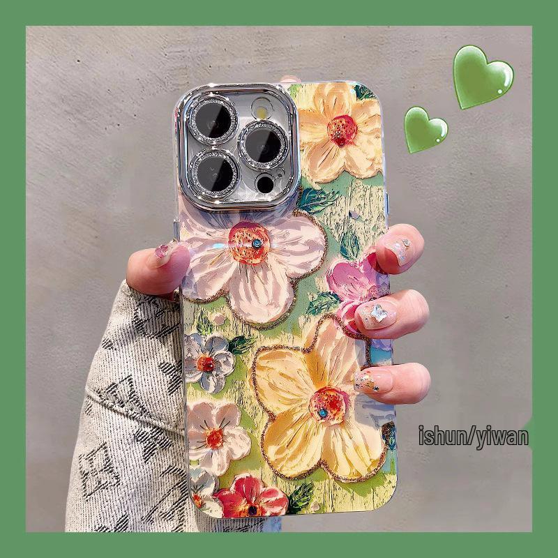 Масляная живопись синим светом, цветочный чехол для телефона для iPhone 16 Pro Max - Дизайн с тонким отверстием из перьевой пряжи в корейском стиле