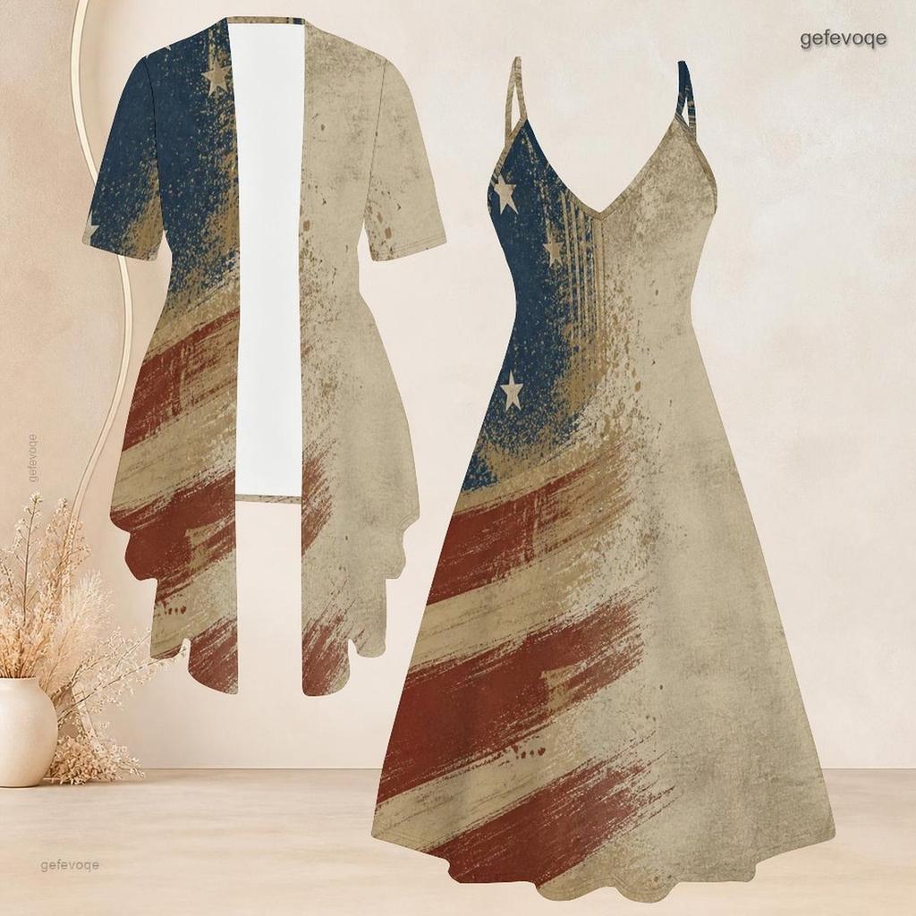 Women Plus Size American Flag Printed Two Piece Set V Neck Strappy Flared Dress Short Sleeve Cardigan