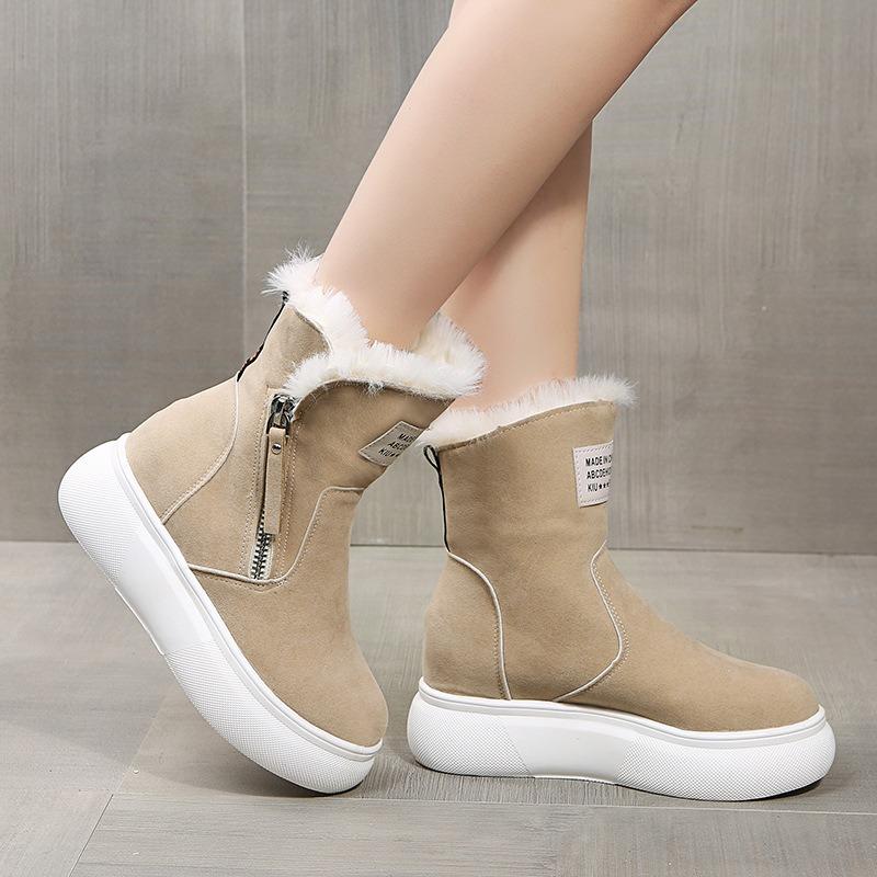 Короткие женские ботинки на толстой подошве с круглым носком и плюшевой подкладкой на губчатой подошве