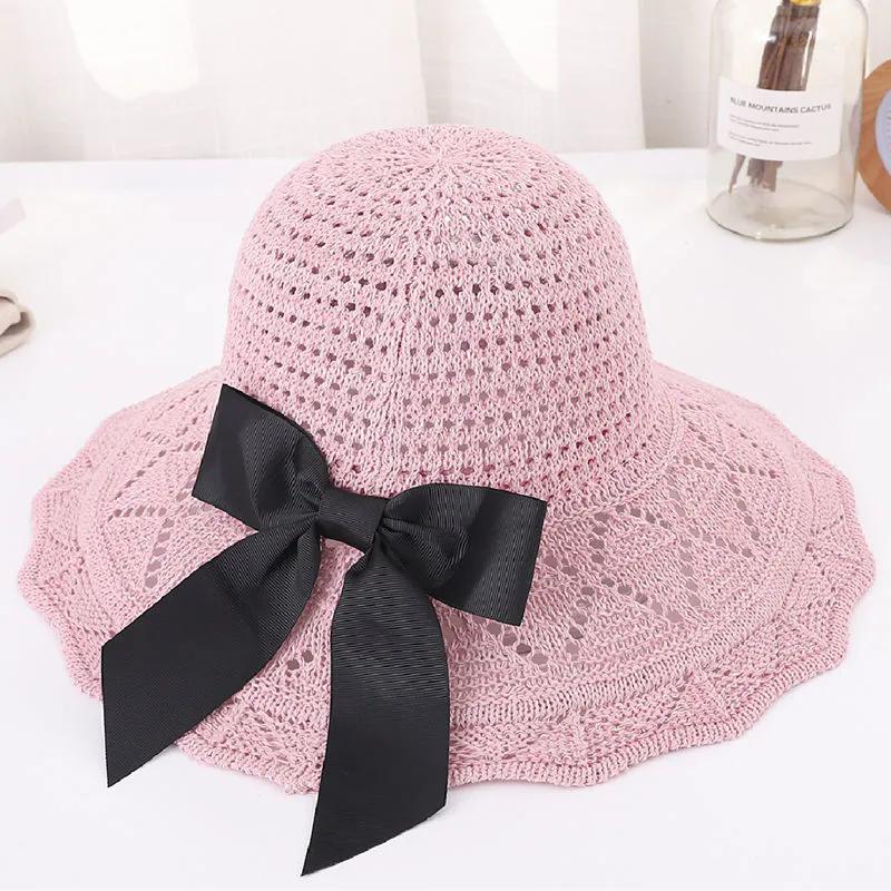 WTEMPO Summer Black Bow Wide Brim Outdoor Travel Knitted Hats Women's Foldable Solid Color Casual Versatile Hats