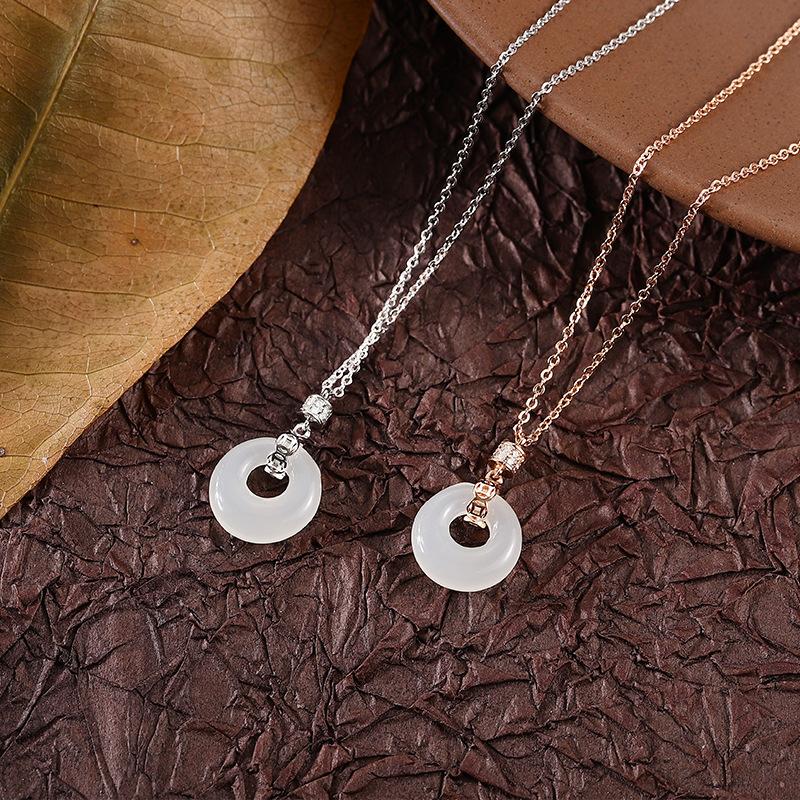 Safety Buckle Necklace Women's Light Luxury Niche Design Imitation Hetian Jade Pendant Flash Diamond Stainless Steel Clavicle Chain