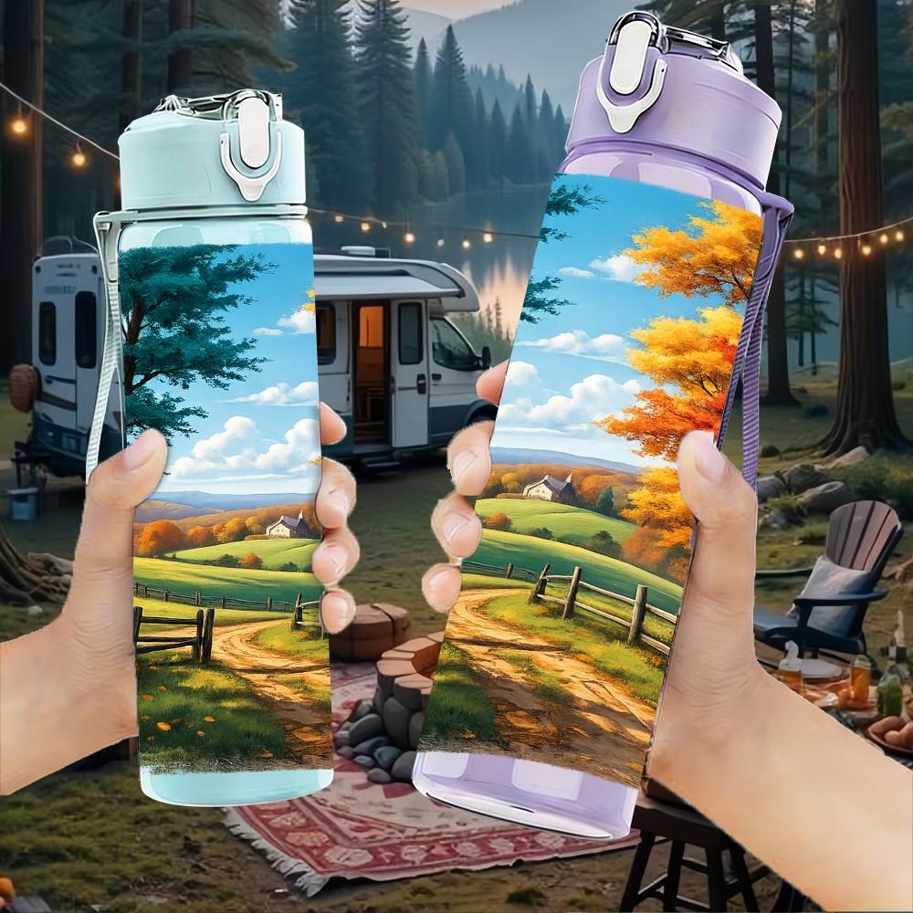 1PC Autumn Tree Country Road Landscape Print 750ml Color Plastic Sports Water Bottle Leakproof Flip Straw Lid Suitable for Sports Office Home Use