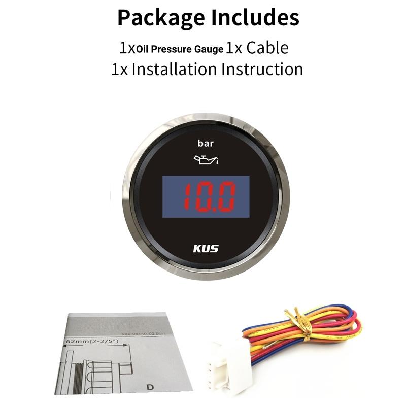 KUS 52mm 0-10Bar Digital Oil Pressure Gauges 10-184ohm Input Signal Oil Pressure Meters with Red / Yellow Backlight for Car Boat