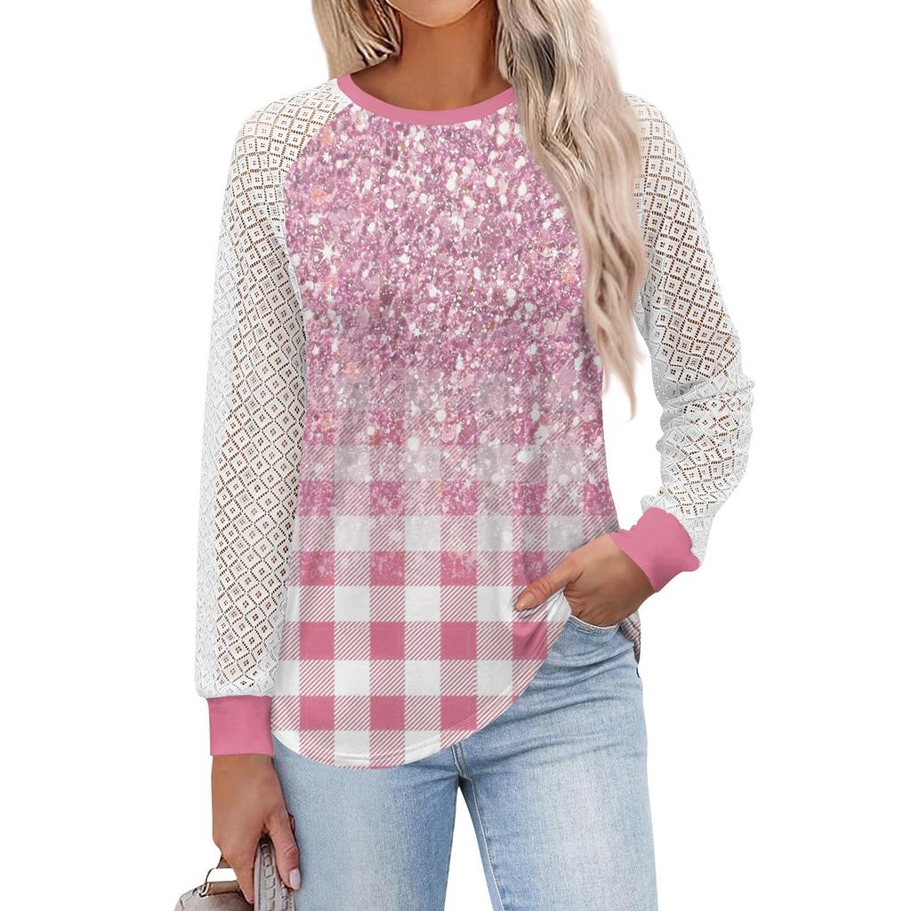 Женские футболки с длинным рукавом, топы с круглым вырезом и кружевом, повседневные блузки, модные топы