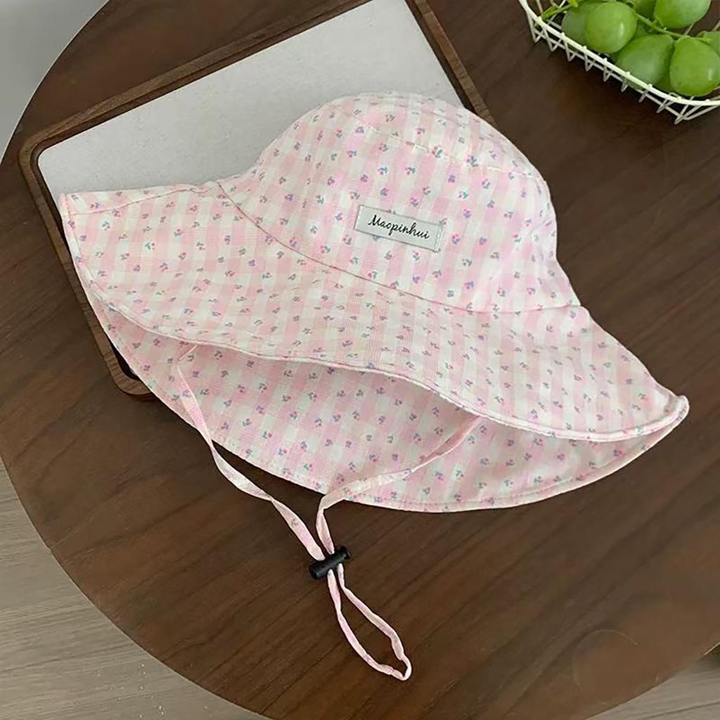 Sweet Plaid Floral Fisherman Hat for Women Summer Large Brim Sunshade Travel Beach Basin Cap Girls Casual Outdoor Lacing Hat