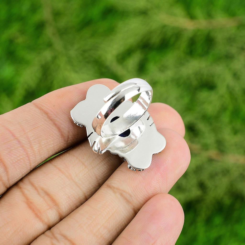 Gift For Her Natural Lapis Lazuli Promise Flower Adjustable Ring 925 Silver