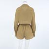 Khaki Cotton Linen Shorts Sets Women Spring Causal Long Sleeve Lapel Crop Shirt Lace-Up Wide Leg Shorts Simple Suits