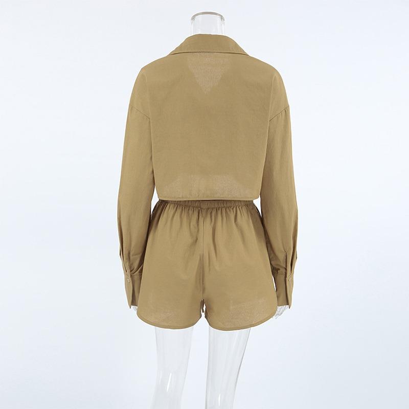 Khaki Cotton Linen Shorts Sets Women Spring Causal Long Sleeve Lapel Crop Shirt Lace-Up Wide Leg Shorts Simple Suits