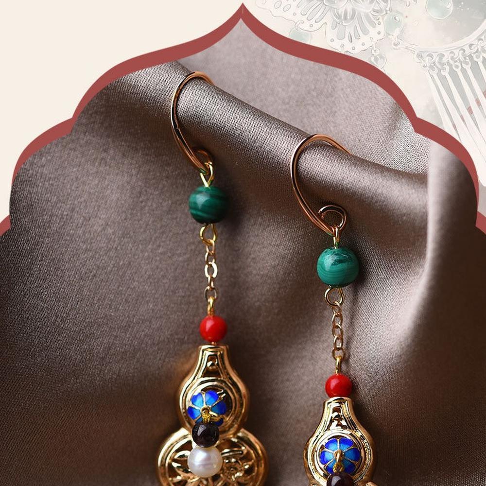 Длинные серьги с малахитом из серебра 925 пробы с жемчугом, серьги в этническом стиле с позолотой 14 карат, серьги из тыквы