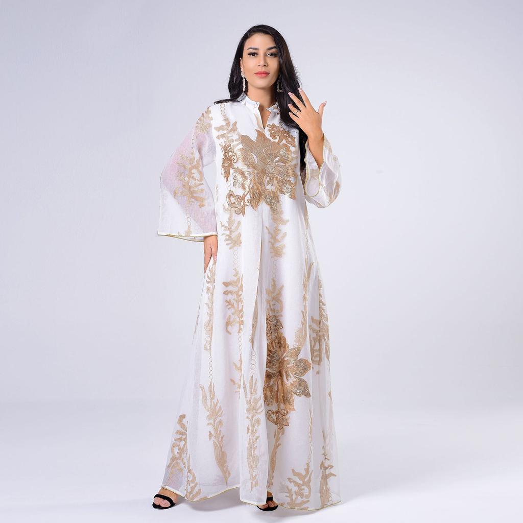 Sequins Embroidered Abaya Dress for Women Moroccan Kaftan Turkey Arabic Jalabiya White Islamic Ethnic Robe Eid
