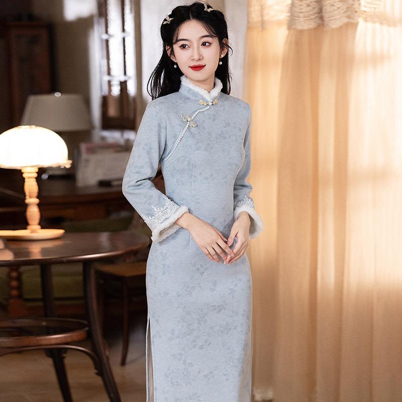 Blue velvet winter clothing national style new Chinese long-sleeved cheongsam winter thick style improved young women's high-end sense retro
