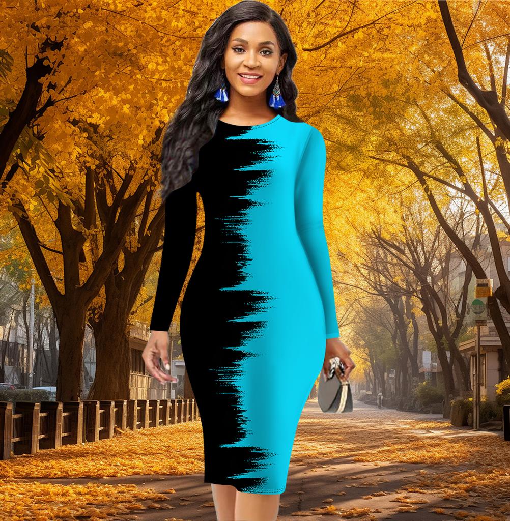 Длинный рукав, облегающее, офисное, облегающее, двухцветное, с принтом, элегантное, облегающее платье