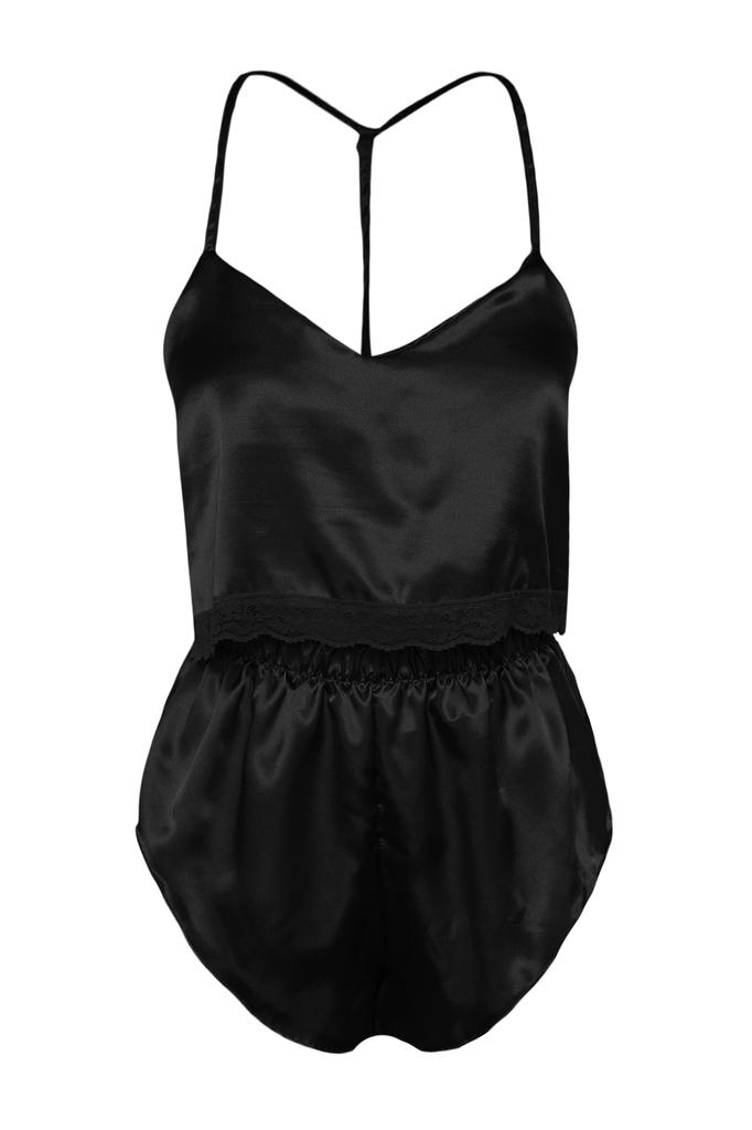 Women's Fashion New Pajama Set Black Lace Detailed Rope Strap Crop Satin Woven Pajama Set