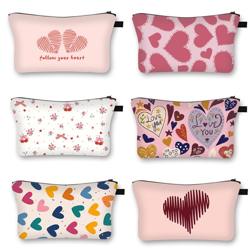 Women Valentine's Day Portable Cartoon Heart Shaped Pattern Multifunctional Storage Organizer Toilet Bag Accessories