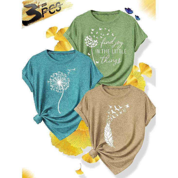 3Elegant plus-size short-sleeve outfit for sisters to attend parties T Shirt Dandelion Bird Find Joy Printed plus-size women's casual sportswear for