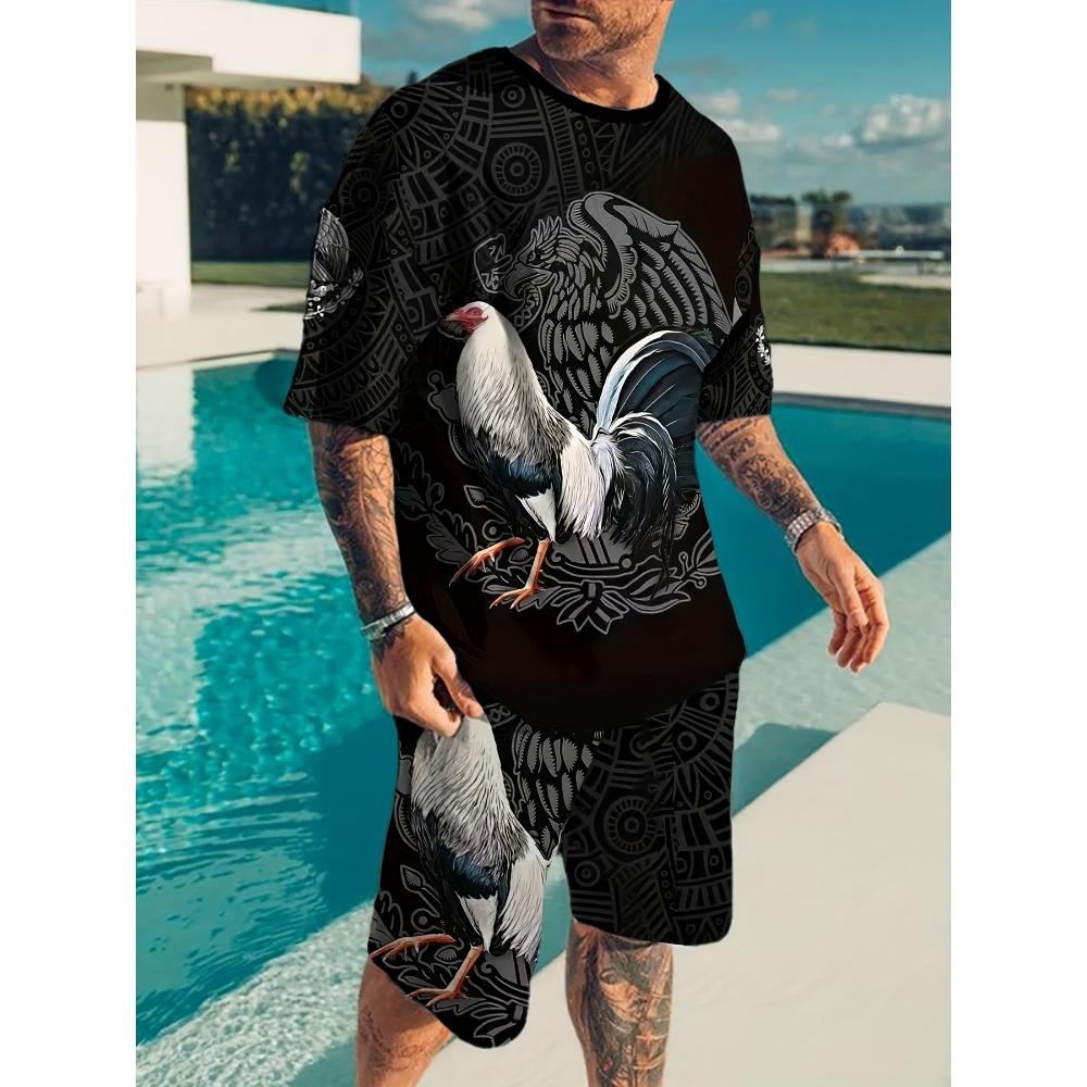 Модный Удобный Комплект из 2 предметов: Футболка с Принтом Льва с Коротким Рукавом и Шорты, Оверсайз, Свободный, Мужской, Летний