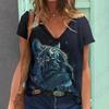 Summer V-neck 3D Animal Tigers Leopards Lions Printed Top Fashionable Casual Short Sleeved Women's T-shirts