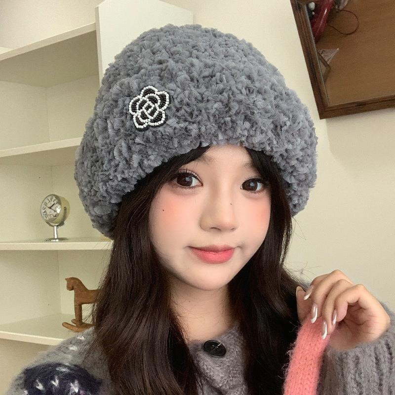 New autumn and winter snowflake fluff hat women's imitation mink pearl flower pullover hat thickened warm fashion knitted hat