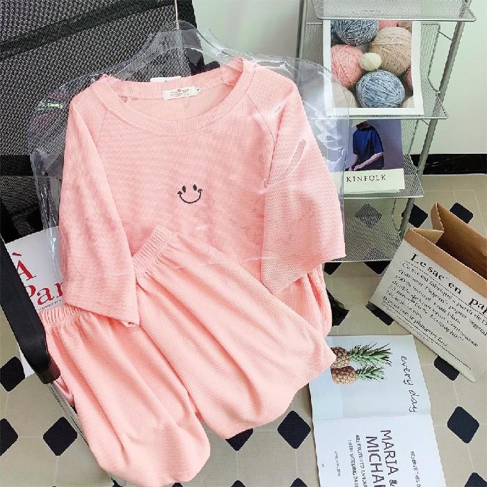 Женская вафельная пижама с длинными рукавами: Смайлик, Из двух частей, Круглый вырез, Милая домашняя одежда