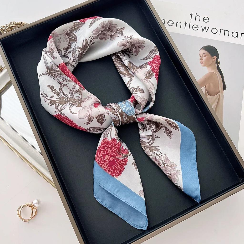 Floral Print Silk Feeling 70cm Square Scarf for Women Bandana Foulard Hairband Neckerchief Soft Satin Hijab Scarves Lady Elegant