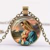 Vintage Jesus Virgin Mary Necklace Time Gemstone Glass Alloy Material Necklace