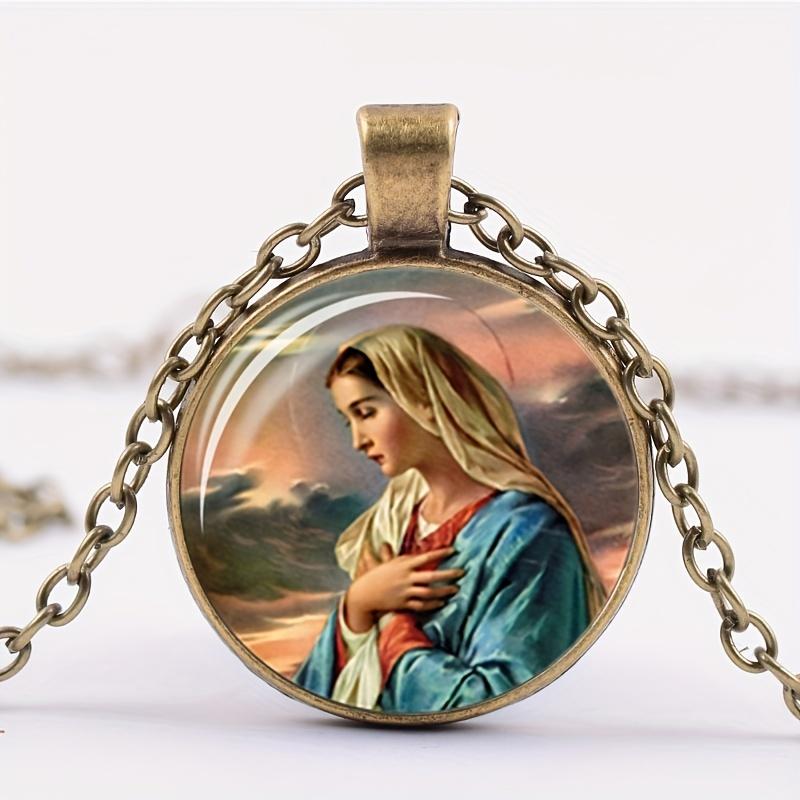 Vintage Jesus Virgin Mary Necklace Time Gemstone Glass Alloy Material Necklace