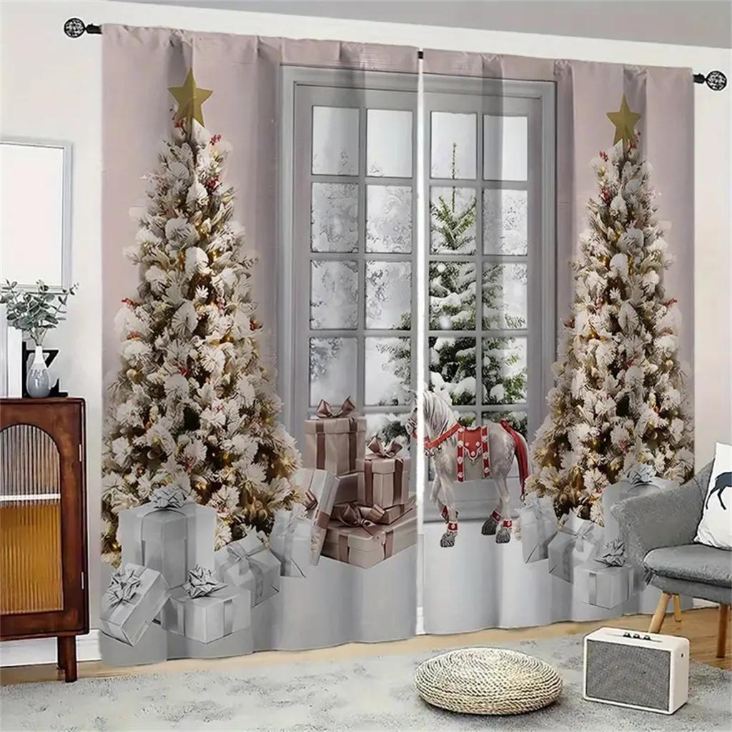 2Pcs Christmas Present Luxurious Christmas Decoration Curtains Festive Digital Print Holiday Decor Living Room Bedroom Kitchen