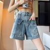 Women's High Waist Cuffed Straight-Leg Denim Shorts - 2024 Slim Fit, Loose Side Elastic, Wide Leg Summer Style.
