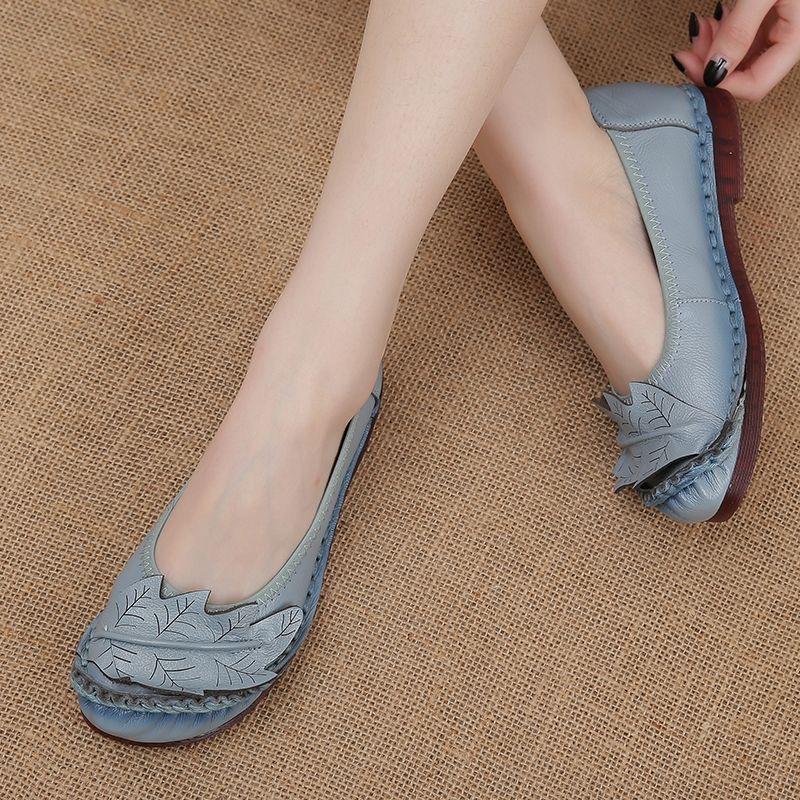 Spring Autumn Genuine Leather Shoes Women Loafers Leaf Style Soft Fashion Brand Flat Cow Leather Shoes Blue Black Yellow Plus Size 41