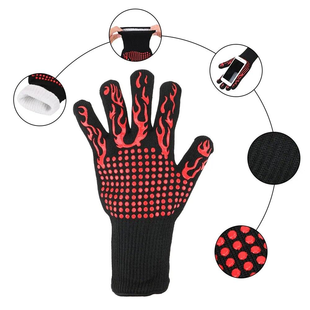 Перчатки для барбекю с температурой 300-500 градусов по Цельсию, огнестойкие, нескользящие, огнестойкие, экстремально жаропрочные, перчатки для микроволновой печи