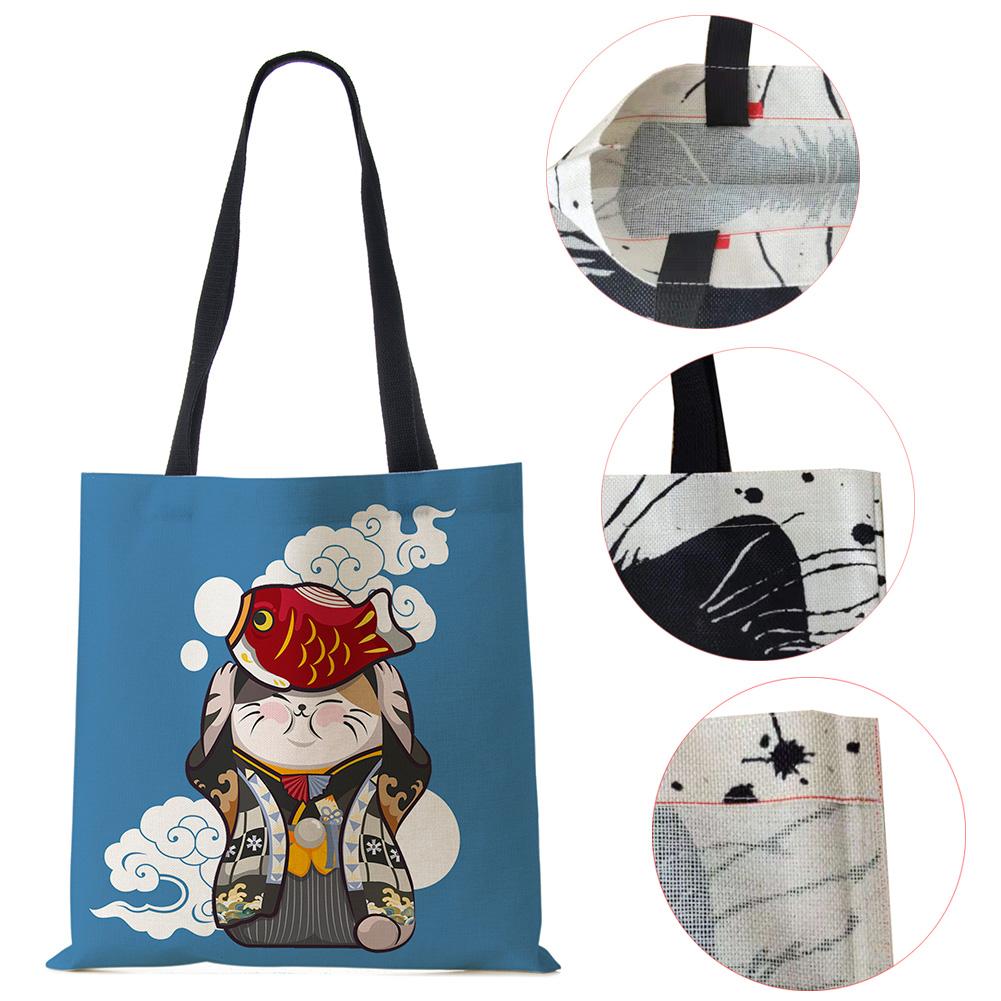 Cat Cartoon Shoulder Bag 2022 Japanese Shopping Reusable Canvas Tote Bag Women High Capacity Simple Casual Folding Handbag KTY