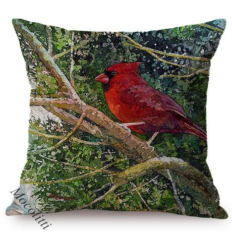 Spring Colorful Home Decoration Cushion Cover Cardinal Bird Style Water Color Art Cotton Linen Square Sofa Throw Pillow Case