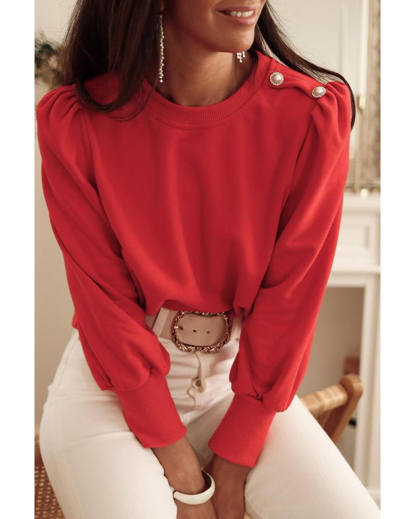 Azura Exchange Red Button Tab Detail Long Sleeve Top