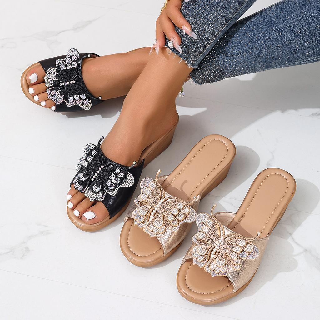 Модные Модные Шлепанцы на Толстой Подошве для Женского Летнего Кемпинга Шлепанцы с Открытым Носком и Стразами в Форме Бантика для Пляжа Женские Шлепанцы на Танкетке