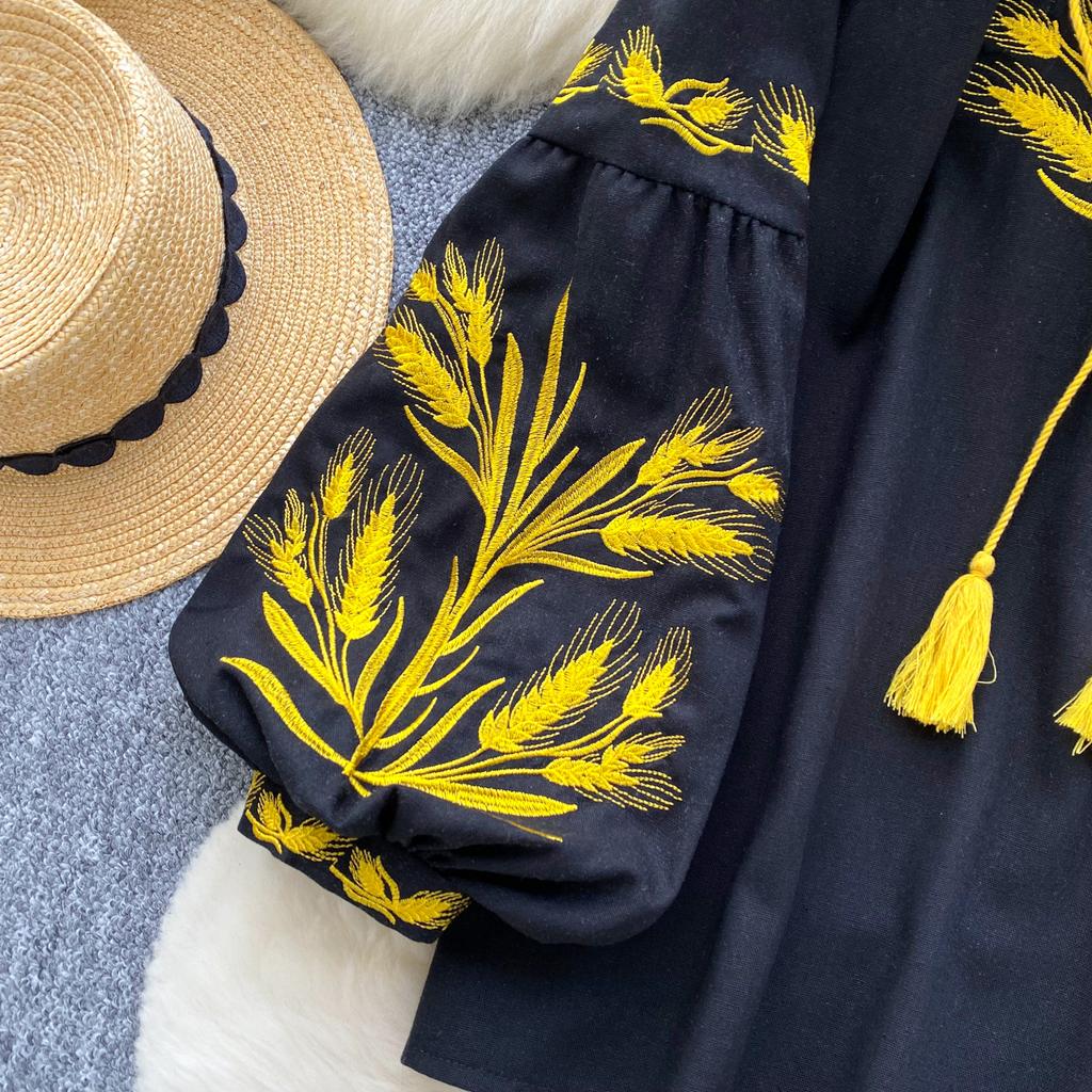 Модная блузка для женщин с рукавами-фонариками, свободные рубашки с завязками, винтажная вышивка, весенние блузки, топы