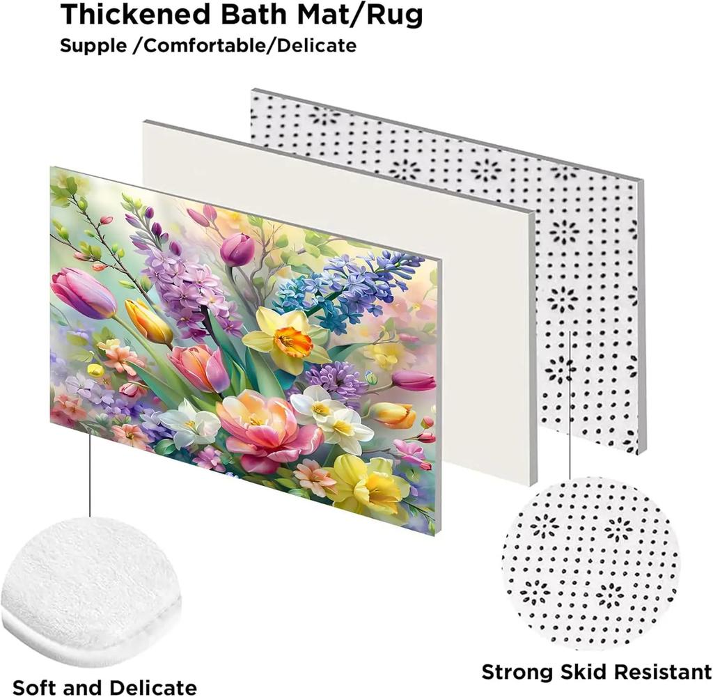 4Pcs Shower Curtain Sets,Colorful Flower Bathroom Curtains Shower Set, Bathroom Decor Sets,Shower Curtain for Bathroom with Rugs