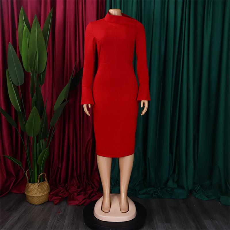 Одежда Платье Воротник Сплошной цвет Большие размеры Жен. Большие размеры Диагональ Длинный рукав Узкий