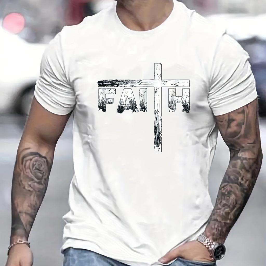 Men's Summer 100 Cotton Faith Print Loose Large Casual Round Neck Short Sleeve T-shirt