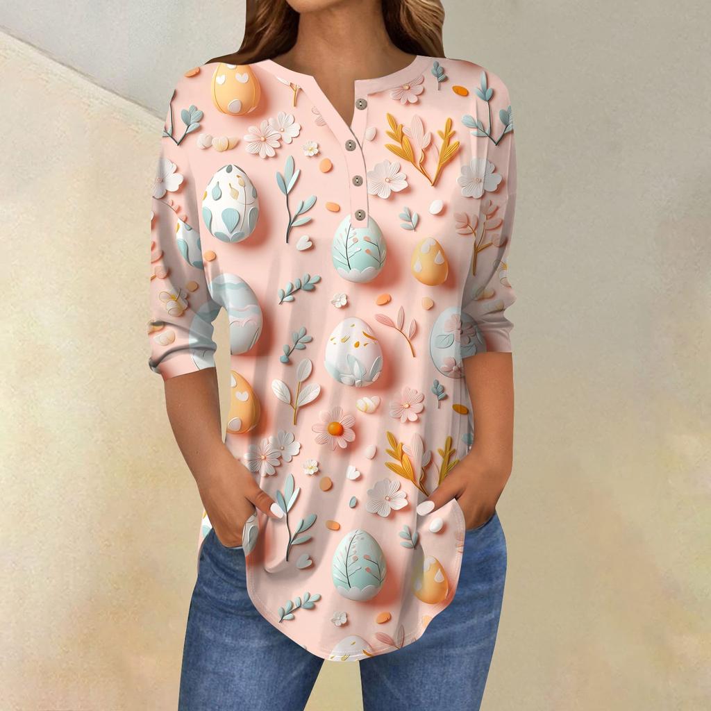 Women's 3/4 Sleeve Easter Egg Bunny Print Button Collar Fashion Casual Top