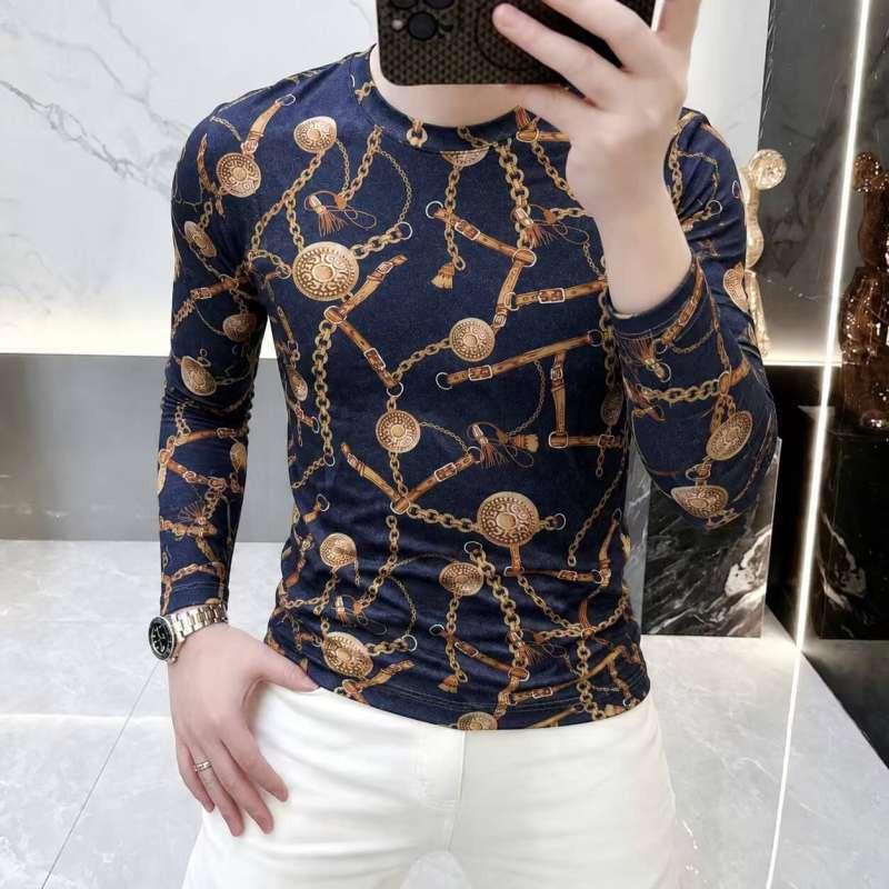 Mens Slim Fit Long Sleeve T-Shirt Vintage Gold Coin Print Chain Detail Casual Top Youth