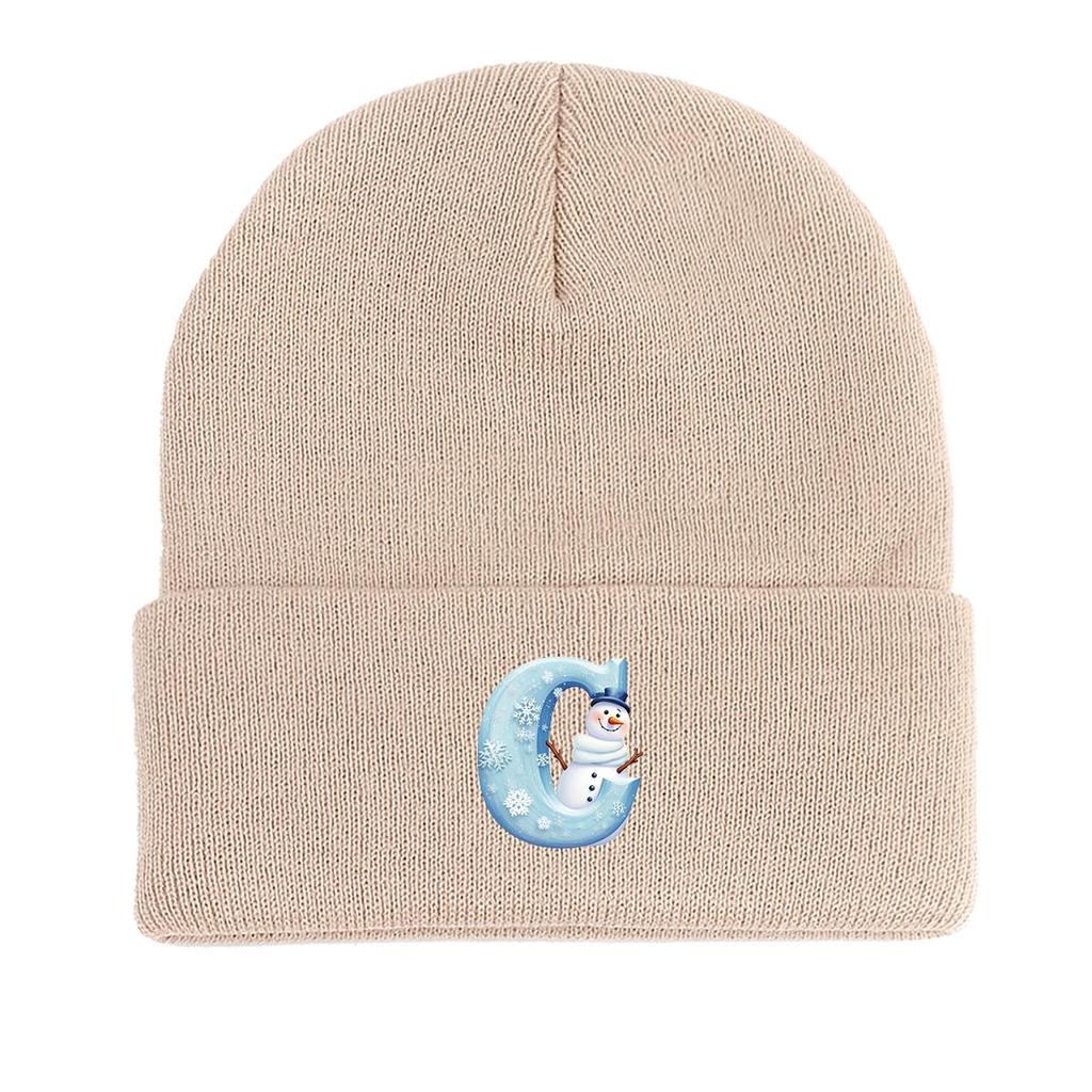 Snowman "C" Print Knitted Hat Beanie, Woman Cap Stretchable Warm Solid Bonnet Knit Cap Beanie