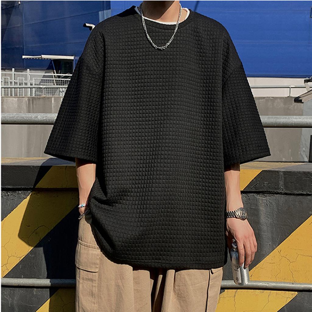 Вафельная футболка с коротким рукавом Мужская Летняя в стиле Харадзюку Рукав до локтя Рукав пять точек Гонконгский стиль Белая футболка